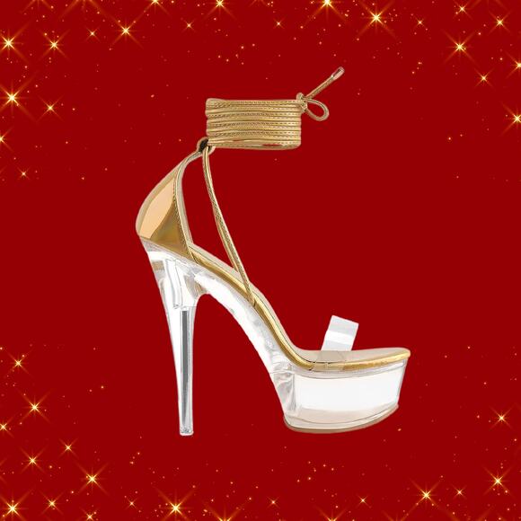 Ladies Size 7 Holographic Gold Ankle Wrap Strap Platform Stilettos - Picture 3 of 6